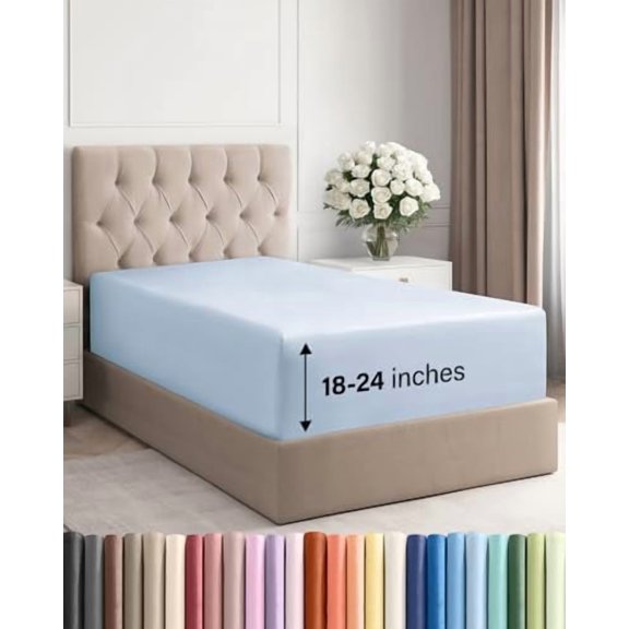 Extra Deep Twin Fitted Sheet - Hotel Luxury Single Fitted Sheet Only - Easily Fits 18 inch to 24 inch Mattress - Ultra Soft, Wrinkle & Fade Free w/Extra Deep Pockets - Breathable & Comfy - Sky Blue