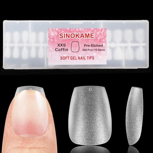 Extra Extra Short Coffin Nail Tips, No File Matte XXS Coffin Soft Gel Fake Nails Full Cover, Petite Nails for Small Regular Nail Beds,Clear Fake Acrylic Nails for Extension,15 Sizes 360Pcs