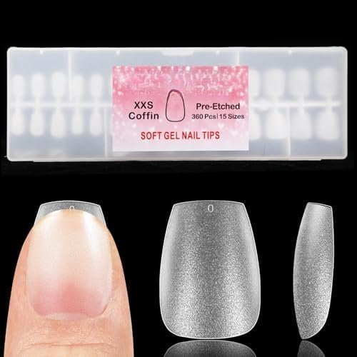 Extra Extra Short Coffin Tips, No File Matte XXS Coffin Soft Gel Nails Full Cover, Petite Nails for Small Regular Beds,Clear Nails for Extension,15 Sizes 360 count