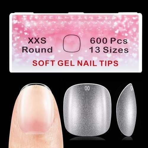 Extra Extra Short Round Gel Tips, Extra Short Press Nails Clear Round, Full Matte No File Small Petite Size Nails for Extension,600 Pcs 13 Sizes with Refills 4&5