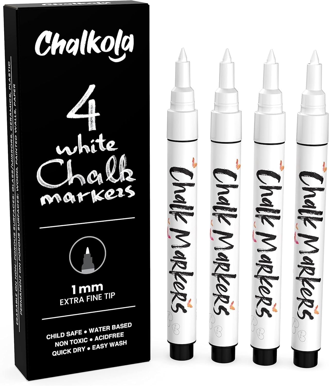 Extra Fine Tip White Chalk Markers (4 Pack 1mm Point) Pens - Dry Erase Marker Pen for Blackboard, Chalkboards, Windows, Glass, Bistro, Signs