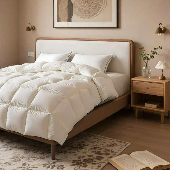 Extra Fluffy White Goose Feather Down Fiber Comforter, Super Cozy and Soft Hotel Quilted Duvet Insert for Luxurious Comfort
