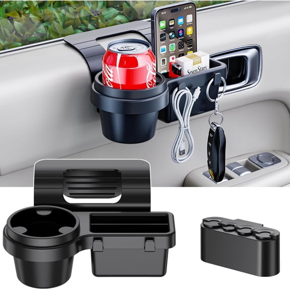 Extra Hanging Car Door Window Drink Coffee Cup Holder with Storage Organizer Tray | Coin Holder Change Organizer Fits Most Vehicles, Trucks Interior Car Gadgets Accessories