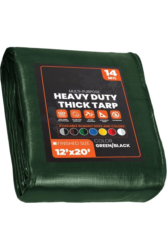 Extra Heavy Duty 14 Mil Tarp Cover, Waterproof, UV Resistant, Rip and Tear Proof, Poly Tarpaulin with Reinforced Edges for Roof, Camping, Patio, Pool, Boat (Green/Black 12 X 20)