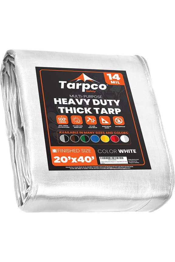 Extra Heavy Duty 14 Mil Tarp Cover, Waterproof, UV Resistant, Rip and Tear Proof, Poly Tarpaulin with Reinforced Edges for Roof, Camping, Patio, Pool, Boat (White 20 X 40)
