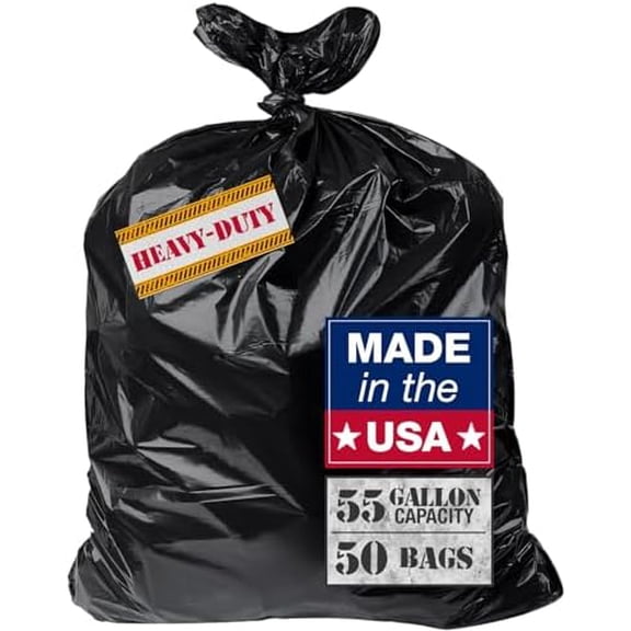 Extra Heavy Duty Black Contractor Garbage Bags 55 Gallon, 50 Trash Bags, Construction Grade, 3 mil, Made in USA