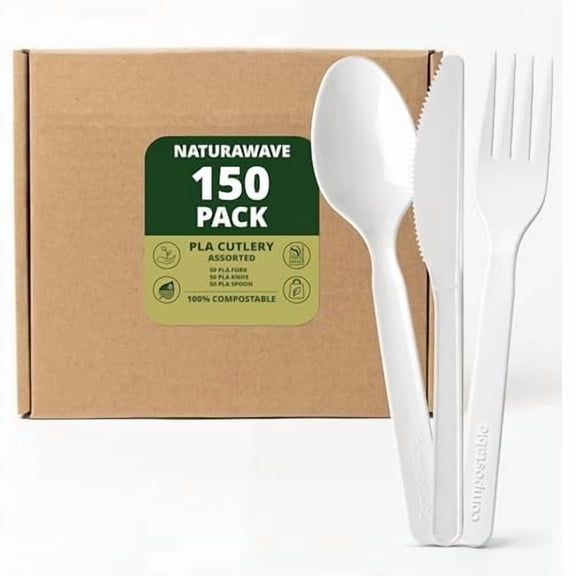 Extra Heavy Duty Compostable Cutlery Set 150 Count  Disposable Utensils with 50 Forks, 50 Spoons, 50 Knives, Large Biodegradable Eco-Friendly Flatware for Party, BBQ, Picnic, Catering & Events