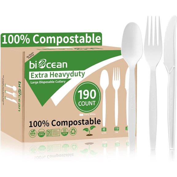 Extra Heavyduty Compostable Cutlery Set - 190 Count Large Disposable Utensils No Plastic Forks Spoons Knives Biodegradable Fork Eco Friendly Silverware for Party,BBQ,Daily Use,Events,Picnic