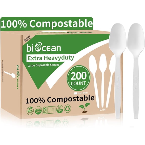 Extra Heavyduty Compostable Spoons [200 Count,6.7In] Disposable Cutlery ...