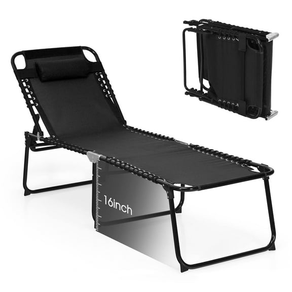 Extra High Folding Beach Lounger Chair, 4 Level Adjustable Backrest and 2 Level Footrest, Removable Pillow, Outdoor Lounge Chair for Patio, Lawn, Poolside, Sunbathing, Tanning, Black