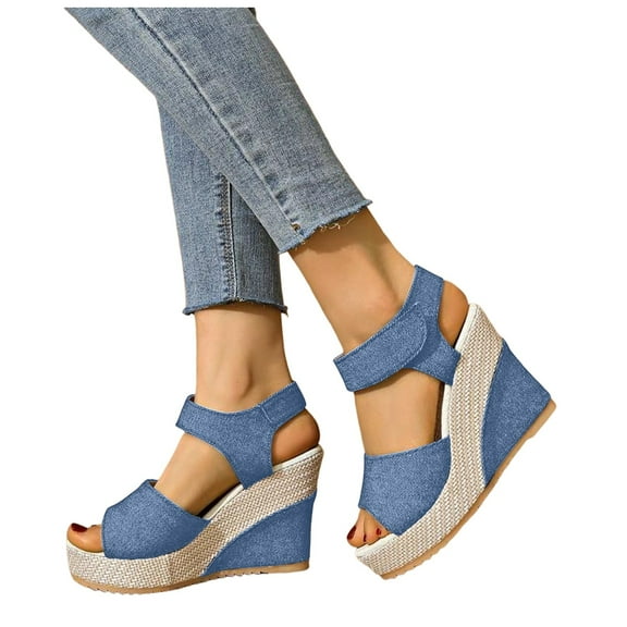 Extra High Heels Dressy Sandals for Women Ladies 2025 Summer Denim Peep Toe Platform Wedge Dress Sandals