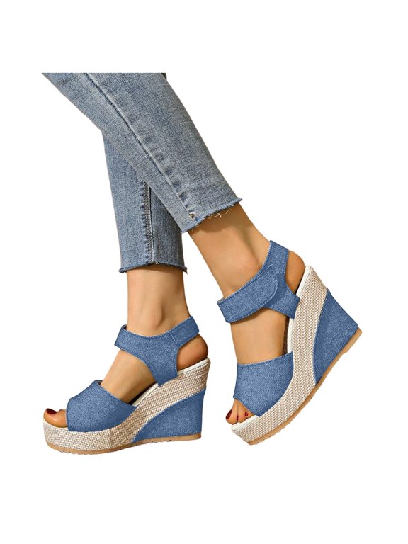Extra High Heels Dressy Sandals for Women Ladies 2025 Summer Denim Peep Toe Platform Wedge Dress Sandals