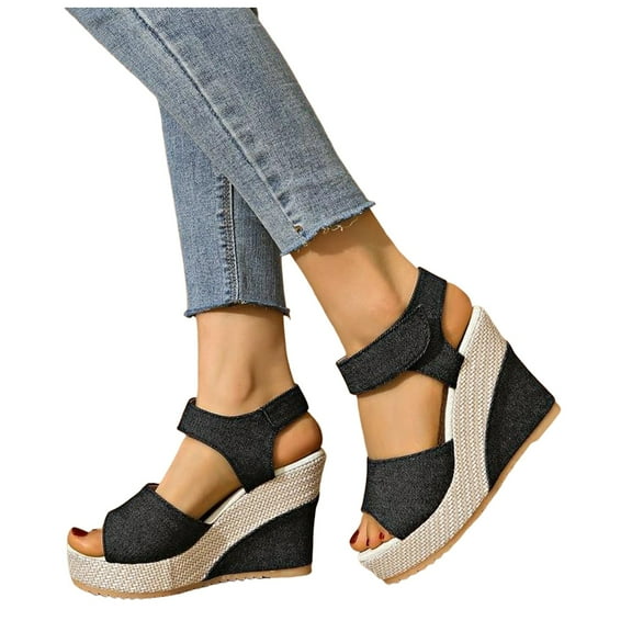 Extra High Heels Dressy Sandals for Women Ladies 2025 Summer Denim Peep Toe Platform Wedge Dress Sandals
