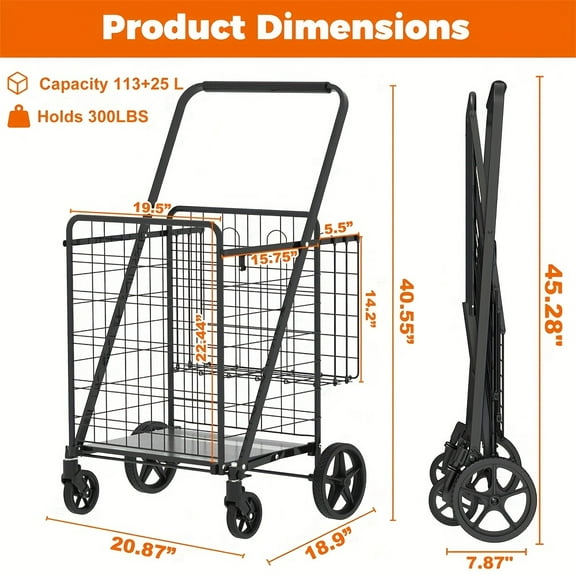 Extra Jumbo Shopping Cart, 2 Layers Grocery Cart on Wheels, Foldable Utility Shopping Carts with Double Basket and 360° Rolling Swivel Wheels for Groceries Laundry