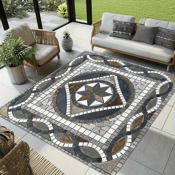 Extra Large 1.8m+ Outdoor Mat - Non-Slip Backing, Machine Washable - Luxury Marble Print for Patio, Deck, Poolside & RV - Black/White/Gray/Beige