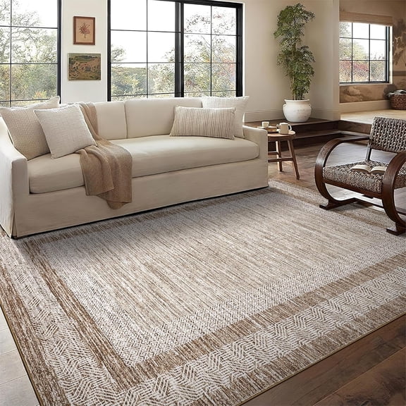 Extra Large 10x13 Area Rug Geometric Border Washable Non-Slip Ultra Soft Thin Foldable Low Pile Non-Shedding Faux Wool Brown