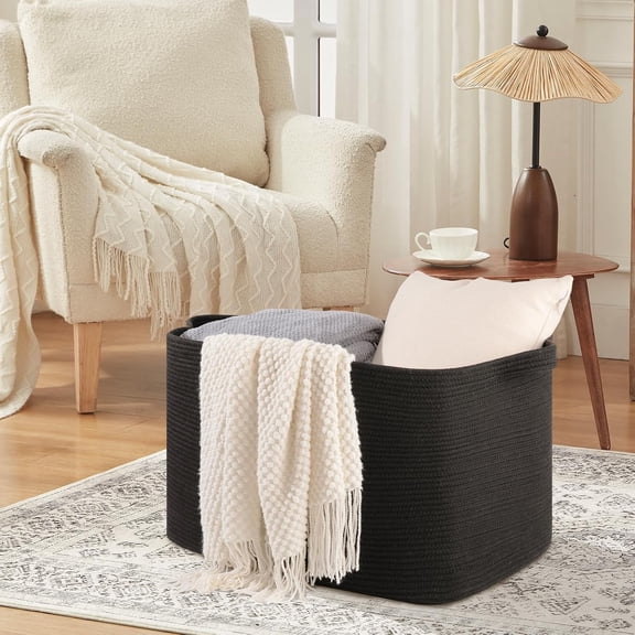 Extra Large 118L Woven Blanket Basket, Rectangle Storage Bin for Towels, Clothes & Nursery Blankets, Living Room Organizer, Black