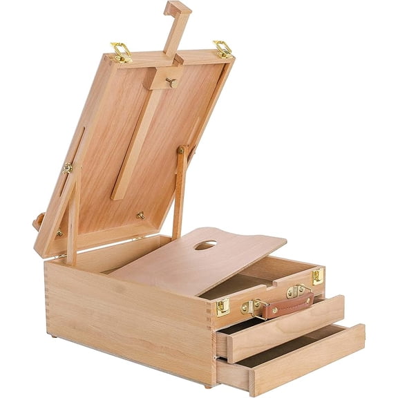 Extra Large 2 Drawer Adjustable Wood Sketchbox Easel with Storage - Portable Artist Desktop Easels for Drawing, Painting, Premium Beechwood - Table top Easel with Paint Palette, Case