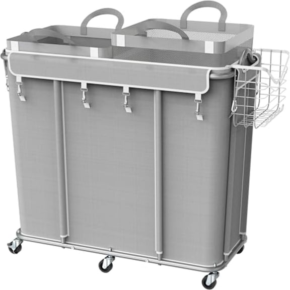 Extra Large 2 Section Rolling Laundry Cart 265L 70 Gal Heavy Duty Hamper with 2 Removable Bags 6 Smooth Wheels Commercial Laundry Organizer for Home Hotel Dorm Gym Gray