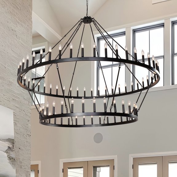 Extra Large 2-Tier Wagon Wheel Chandelier, 88-Light Black Farmhouse Pendant Light for High Ceiling, Rustic Round Hanging Chandelier for Dining Room, Kitchen Island, Foyer, Entryway
