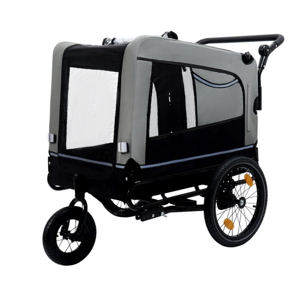 Extra Large 2-in-1 Bike Trailer & Push Cart for Pets - Detachable Bike Hitch & Push Handle Included - All-Terrain Wheels Quick Release, Non-Slip Floor, Internal Leash, Up to 88 lbs, Black- Grey