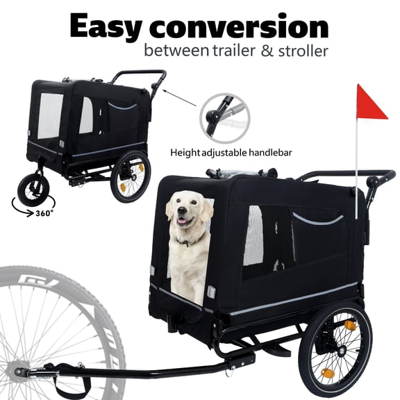 Extra Large 2-in-1 Bike Trailer & Push Cart for Pets with Detachable Hitch, All-Terrain Wheels, Holds Up to 88 lbs, Black Steel Frame for Medium Large Dogs, Pet Stroller for Outdoor Adventures