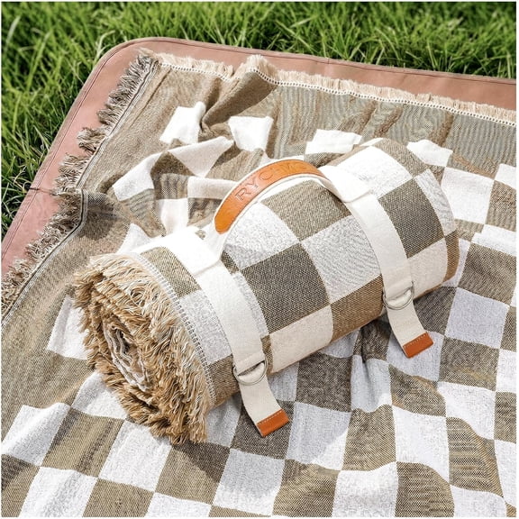Extra Large 2 in 1 Boho Beach Blanket Towel with Sand Free Oxford Base 70'' x 70'' Checkered Brown