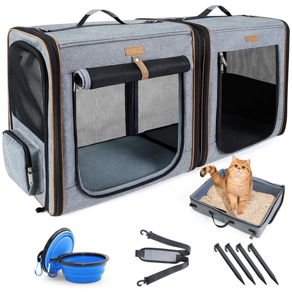 Extra Large 2-in-1 Cat Carrier for 2 Cats, Portable Pet Travel Carrier , Sturdy Pet Kennel with Secure Zipper Locks, Spacious (20.85"x2)x19.7"x19.7", Durable Grey Cat Transport Carrier for Large Cats