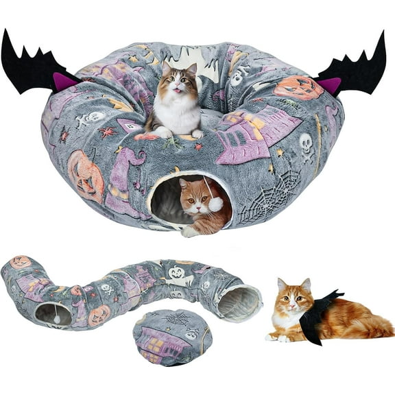 Extra Large 2-in-1 Cat Tunnel Bed, 4-Way Collapsible Cat Tube and Donut Bed with Plush Washable Mat for Indoor Cats, Kittens, and Rabbits