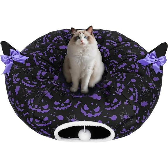 Extra Large 2-in-1 Cat Tunnel Bed, 4-Way Collapsible Cat Tube and Donut Bed with Plush Washable Mat for Indoor Cats, Kittens, and Rabbits