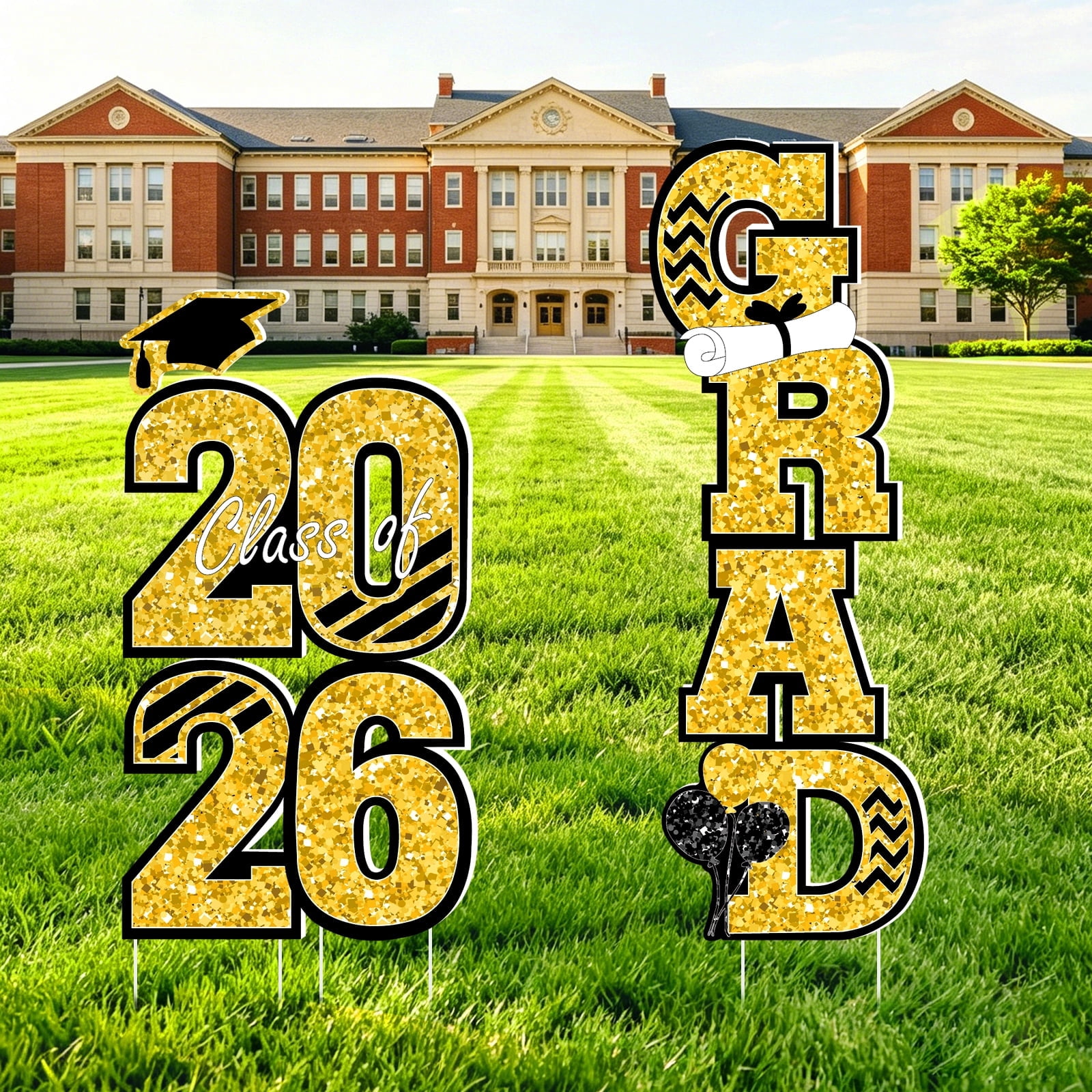 Extra Large 2026 Graduation Yard Sign Black and Gold Graduation Decorations Class of 2026 Waterproof Congrats Grad Garden Lawn Decor with Stakes for College School Grad Ceremony Party