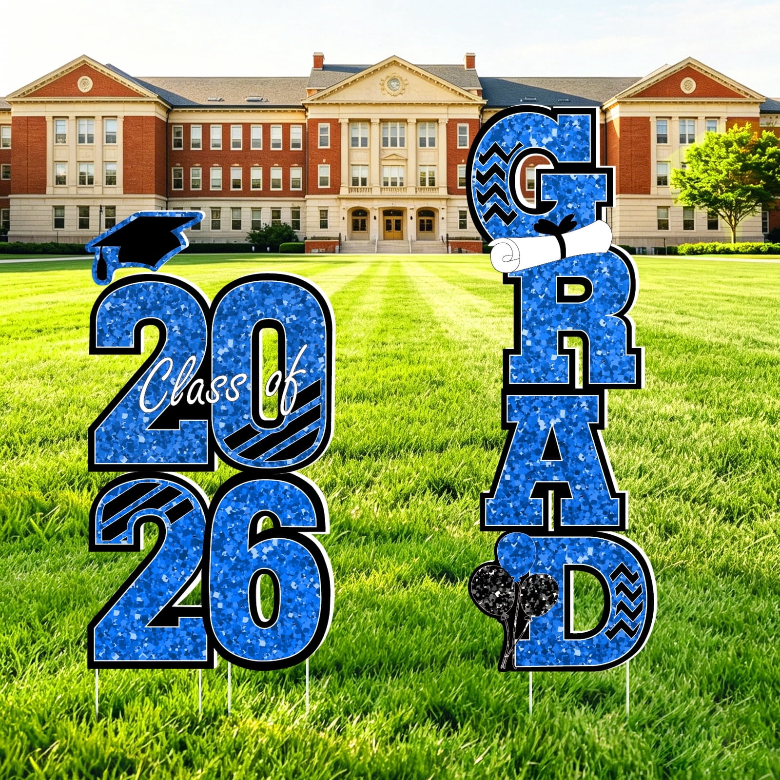 Extra Large 2026 Graduation Yard Sign Blue and Black Graduation Decorations Class of 2026 Waterproof Congrats Grad Garden Lawn Decor with Stakes for College School Grad Ceremony Party