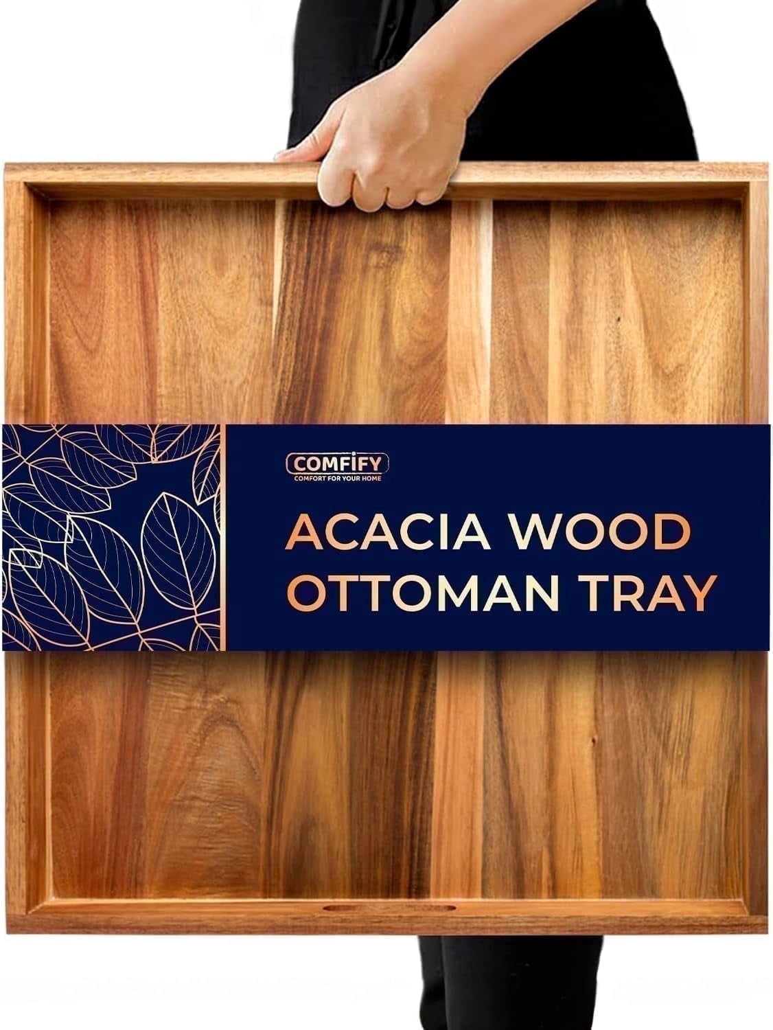 Comfify 22" Square Acacia Wood Serving Tray, Brown – Large Decorative Ottoman Tray with Handles for Food, Drinks & Home Organization