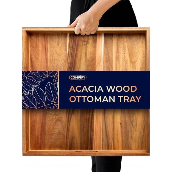 Comfify 22" Square Acacia Wood Serving Tray, Brown  Large Decorative Ottoman Tray with Handles for Food, Drinks & Home Organization