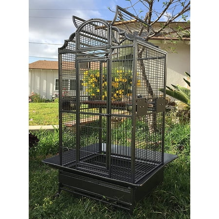 Extra Large 28" x 22" x 59"H Deluxe Sturdy Wrought Iron Open Play Top Stand Perch for Macaw Cockatoo Cockatiels African Grey Amazon Parrot Green Cheek Conures Caique Bird Cage with Rolling Stand