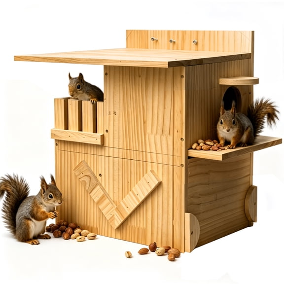 Extra-Large 3-Chamber Squirrel Nesting Box with Dual Platforms - Handmade 2-Story Solid Wood House for Squirrels & Chipmunks - Easy-Clean & DIY Assembly - Mounting Kit for Tree or Fence