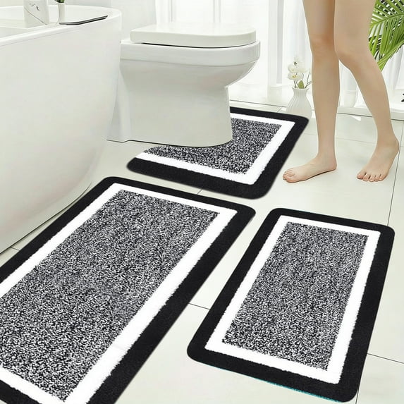 Extra Large 3-Piece Bath Rug Set, Non Slip Shower Rugs & U-Shaped Toilet Mat, Super Absorbent Soft Microfiber Bathroom Rugs for Bathroom & Bedroom Floor, Washable, Modern Black, Includes 3 Mats