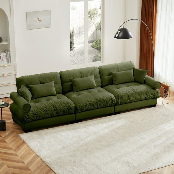Extra Large 3 Seat Modern Velvet Sofa, Oversize Sofa, Clould Like Comfortable Seat and Back Support, With Waist Pillows and Throw Pillows, Olive green