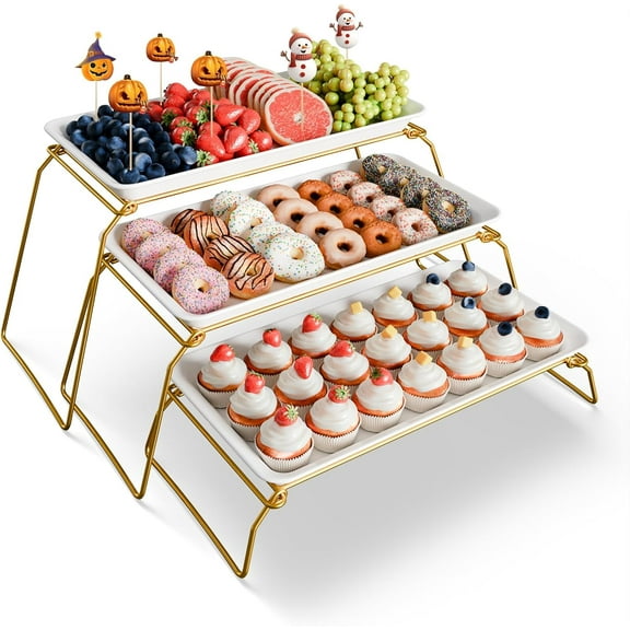 Extra Large 3-Tier Melamine Serving Tray Set and Cupcake Stand for Party Events, 17" Platters with Tiered Stand, Holds 63 Cupcakes, Food, Dessert, and Fruit, 24K Gold-Plated