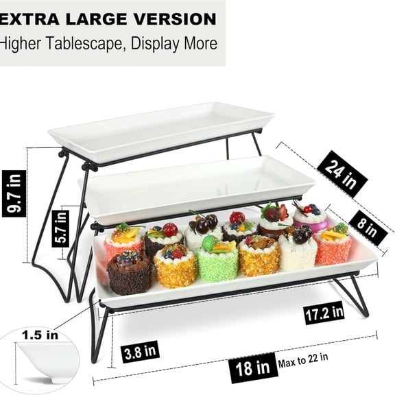 Extra Large 3 Tier Serving Tray Set, 24x22x9.7 inch Cupcake Fruit Cookie Dessert Table Display Stands Melamine Tiered Platters Food Trays for Party Buffet Entertaining, White
