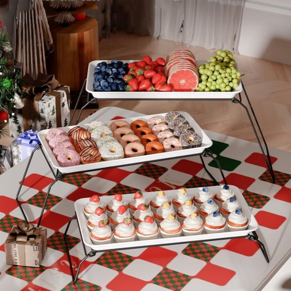 Extra Large 3-Tier Serving Tray Set, Melamine Dessert Display Stand, 17" Buffet Food Display Rack with Foldable Stand, Tiered Platters for Party, Buffet, Event