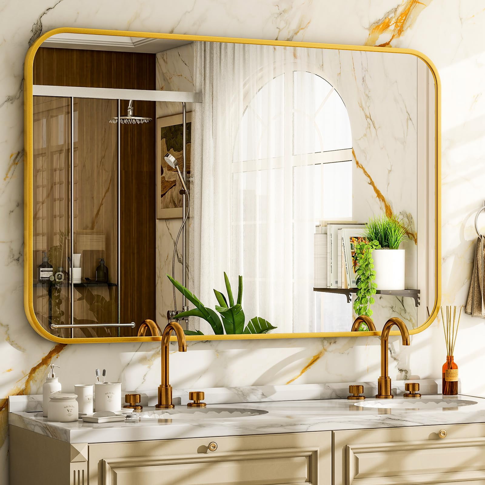 MZON 24x32 Inch Brushed Gold Bathroom Mirror - Rectangular Anti-Fog Vanity Mirror, Wall Mounted, Tempered Glass