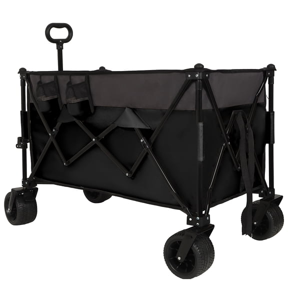 Extra Large 300L Tall Heavy-Duty Folding Wagon Cart with 480lbs Capacity  All-Terrain Wheels, Side Pockets, Brakes & Drink Holders for Camping, Beach, Sports, Gardening, Black- Gray
