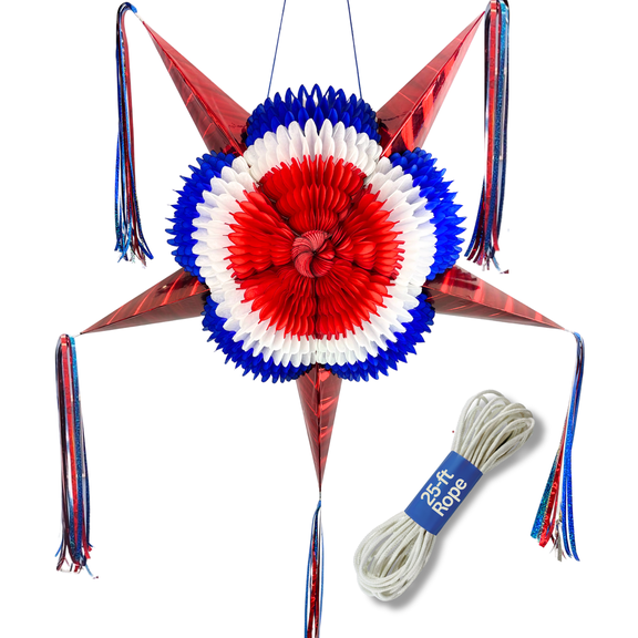 Large Red, White & Blue Patriotic USA Pinata (32”) – 4th of July Piñata with 25 Ft Rope – America 250 Party Decoration by TexMex Fun Stuff Fun