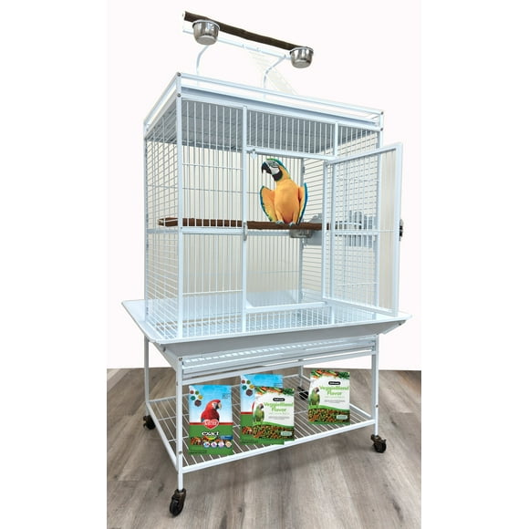 Extra Large 32" x 23" x 69"H Elegant and Durable Wrought Iron Double Ladders Open Play Top Bird Parrot Rolling Cage, Include Stainless Feed Cups Natural Wooden Stand Perch Seed Guard