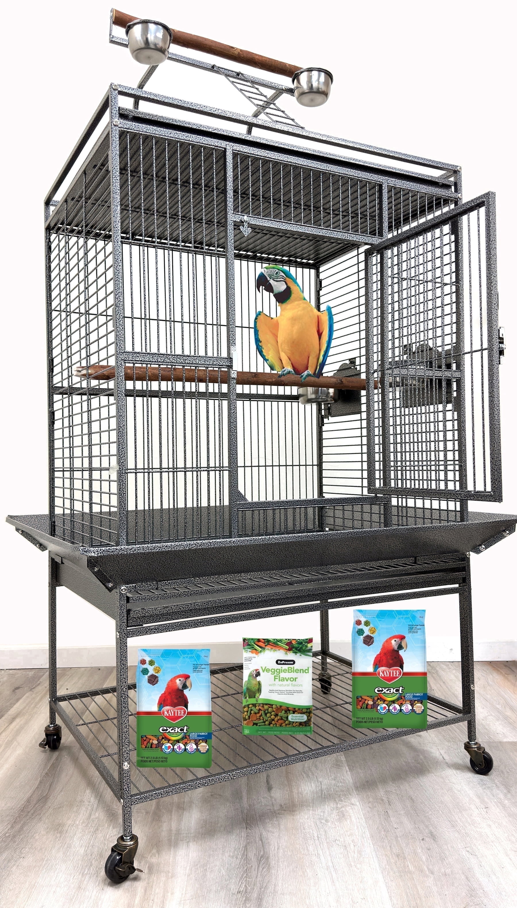 Extra Large 32" x 23" x 69"H Elegant and Durable Wrought Iron Double Ladders Open Play Top Bird Parrot Rolling Cage, Include Stainless Feed Cups Natural Wooden Stand Perch Seed Guard