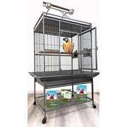 Extra Large 32 x 23 x 69H Elegant and Durable Wrought Iron Double Ladders Open Play Top Bird Parrot Rolling Cage, Include Stainless Feed Cups Natural Wooden Stand Perch Seed Guard