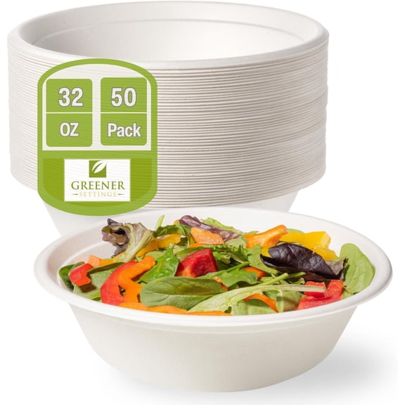 ExtraLarge 32oz HeavyDuty Compostable Paper Bowls Microwave & Freezer Safe, Leak & GreaseResistant, BPAFree, BPI Certified, 50Pack (EcoFriendly Bagasse)