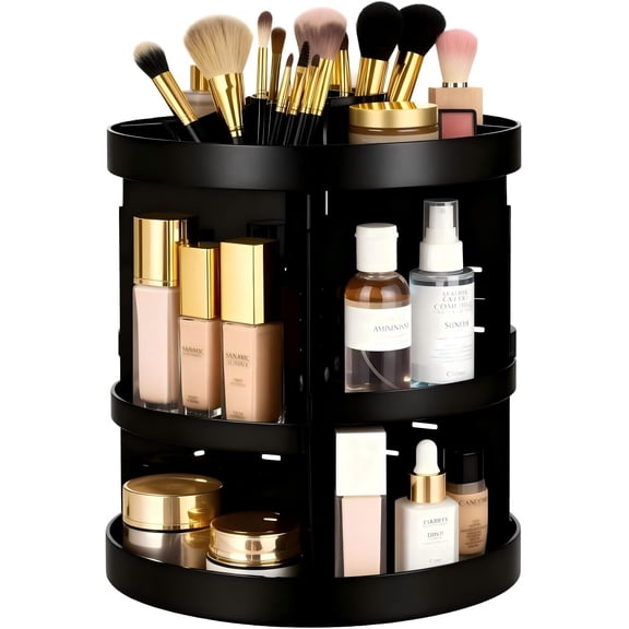 Extra Large 360 Rotating Makeup Organizer Adjustable Carousel Large Capacity Revolving Perfume Organizer Skincare Organizers Cosmetic Storage Spinning Holder for Vanity, Black