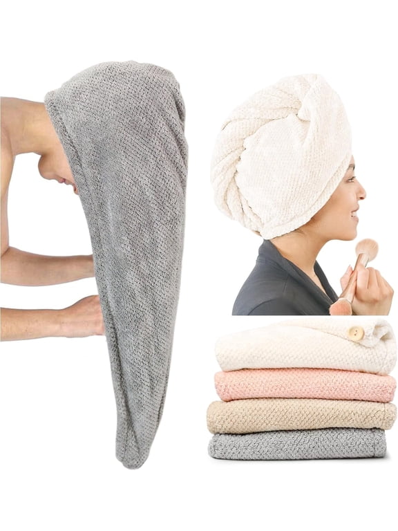 4 Packs Extra Large Microfiber Hair Towel Wrap for Women Super Absorbent & Quick Dry with Button for Curly Long & Short Hair Anti-Frizz